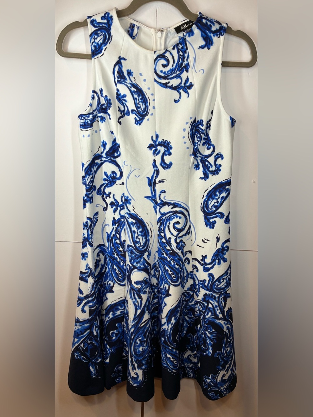 AK Anne Klein Women’s Sleeveless Fit & Flare Dress Blue White Paisley Small